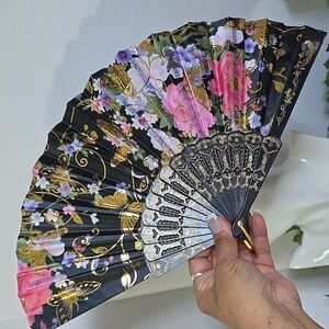 Black Gold Butterfly Floral Design Folding Hand Fan New